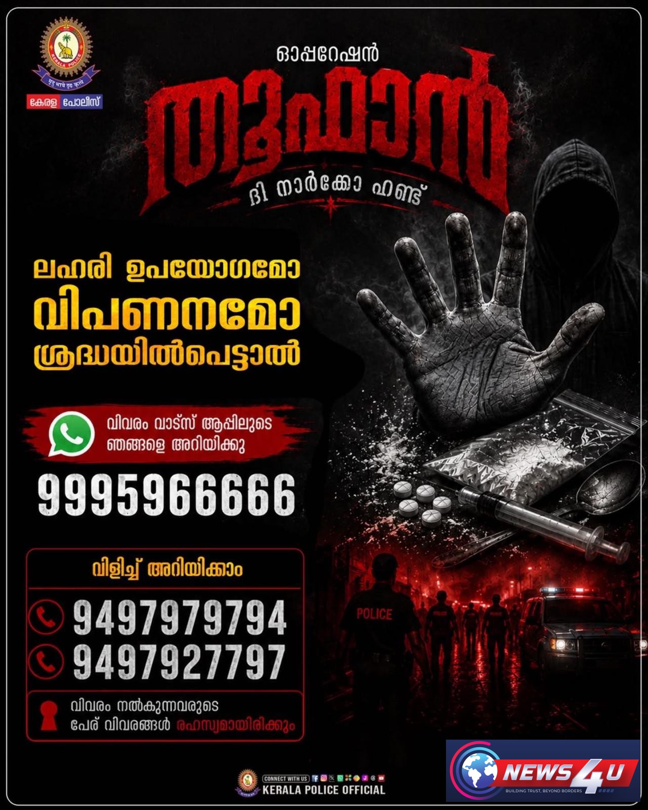 ഓപ്പറേഷന്‍ തൂഫാന്‍; ലഹരി ഉപയോഗമോ വിപണനമോ ശ്രദ്ധയില്‍പെട്ടാല്‍ പോലീസില്‍ അറിയിക്കുക